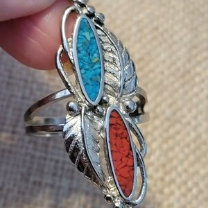 Silver Ring with Turquoise and Coral Accents Vintage Size 9